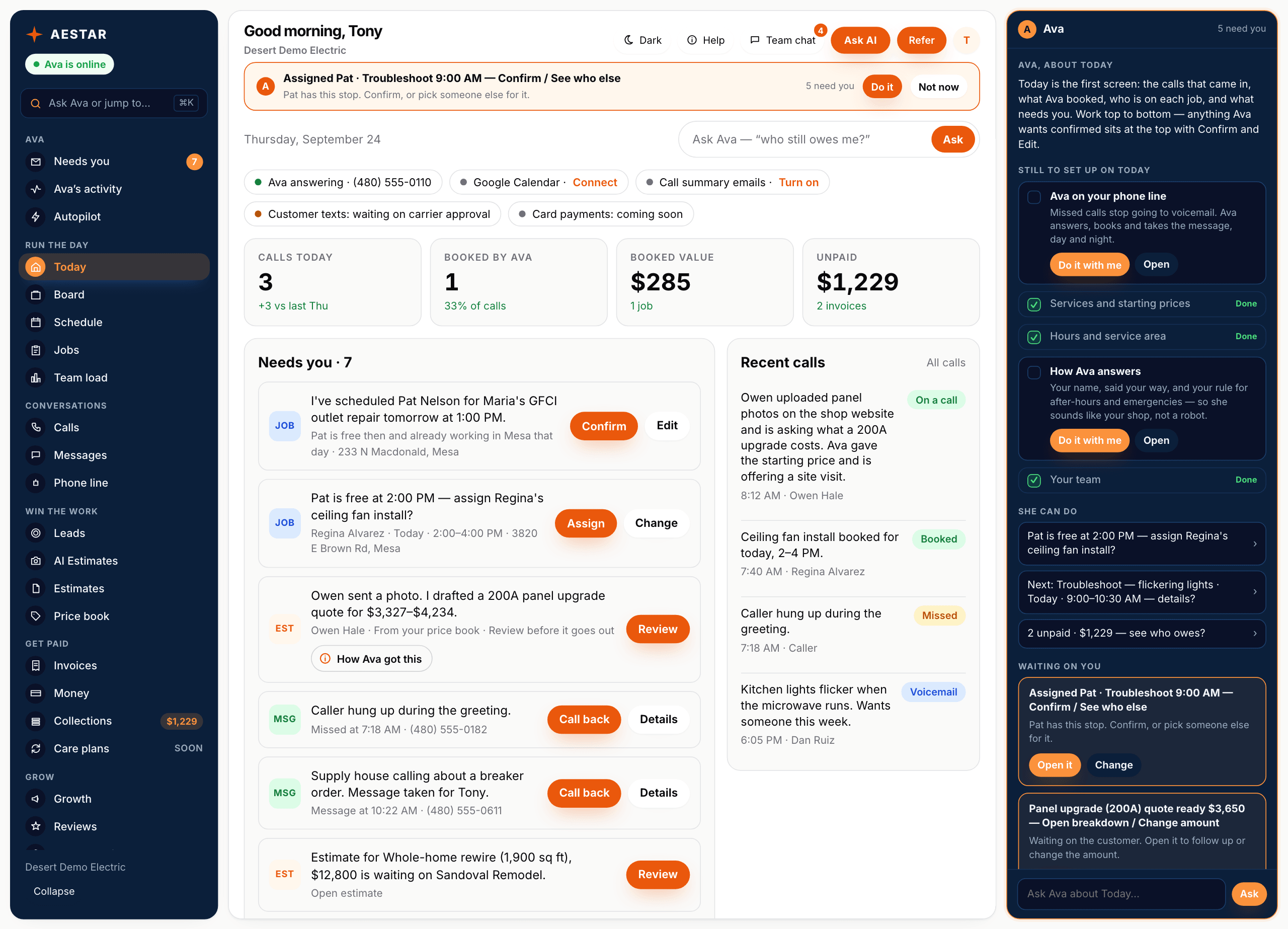 The Aestar app on a computer: today's calls, the jobs Ava booked or wants you to confirm, and Ava's panel on the right with what's left to set up and what's waiting on you. Example shop.